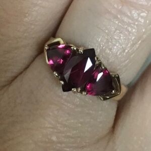 Gorgeous 10K Gold Marquis and Side Trillion Cut Rhodolite Garnet Ring